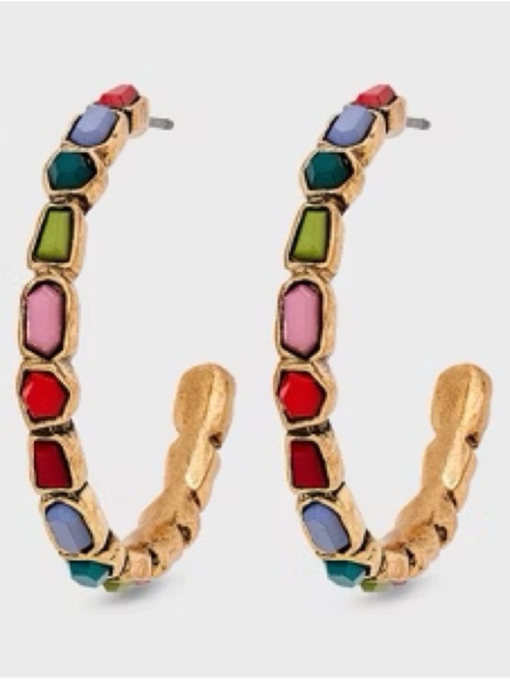 Universal Thread Gold Hoop Earrings with Red, Pink, Blue, Green Stones